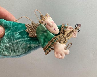 Adorno de ángel de terciopelo hecho a mano, violín, alas de encaje dorado