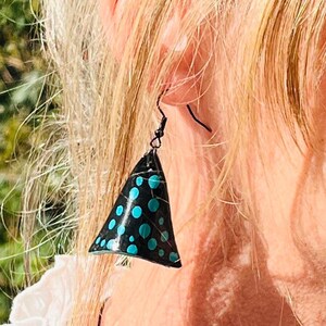 Unique Black Drop Earrings: Patterned Triangle Dangle Earrings, Unusual Design, Five to choose from, Handmade Polymer Clay, Hand Painted