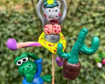Funny Garden Accessories: Handmade Mini Plant Pot Ornaments, Polymer Clay Hippo, Frog, Cactus Ornaments, Indoor Outdoor Plants,