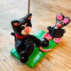 Handmade Cat and Mouse Photo Holder: Polymer Clay Desk Ornament