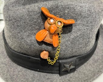 Wise Owl Brooch: Handmade Autumn Owl Pin, Bird Themed Jewellery, Owl wears a monical and has Rhinestone Eyes, Polymer Clay, Customisable