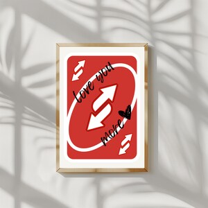 Impresión digital de la carta UNO roja invertida "Love You More" - Arte mural minimalista moderno - Póster decorativo - Descarga instantánea - Arte imprimible