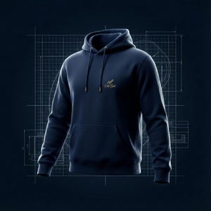 May include: A navy blue hoodie with a drawstring hood and a front kangaroo pocket. The hoodie features a gold logo on the chest and gold-coloured aglets. The background has a blueprint design.