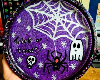 Handmade Glitter Resin Halloween Treat Dish – Spiderweb, Ghost & Skull