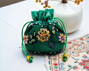 Hand-Embroidered Drawstring Pouch (10.5cm x 10cm)
