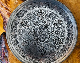 Handmade Persian Copper Tin Decorative Plate - 24cm Engraved Geometric Design