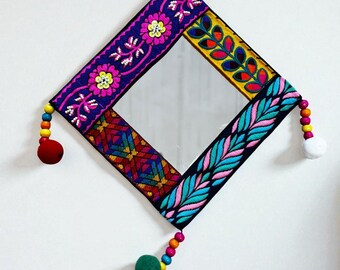 Handmade Colourful Embroidered Mirror | Boho Wall Hanging with Pom-Poms & Beads | Ethnic Tribal Décor