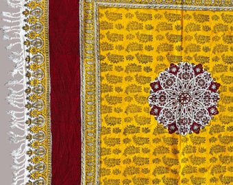 Hand-Printed Organic Cotton Table Cloth– Marigold Yellow & Deep Red Mandala