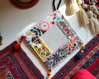 Handmade Colourful Embroidered Mirror | Boho Wall Hanging with Pom-Poms & Beads | Ethnic Tribal Décor