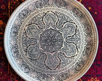 Handmade Persian Copper Tin Decorative Plate - 24cm Engraved Geometric Design