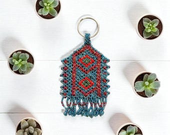 Handcrafted beaded Keyring - Geometric Diamond Design - Boho Bag Charm