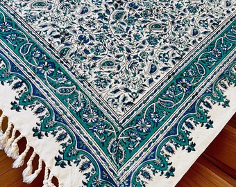 Elegant Hand-Block Printed Blue Floral Tablecloth with Teal Accents