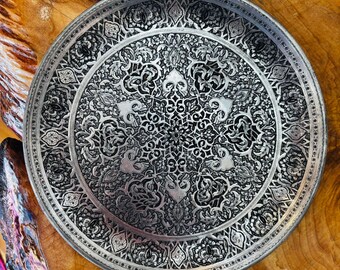 Handmade Persian Copper Tin Decorative Plate - 24cm Engraved Geometric Design