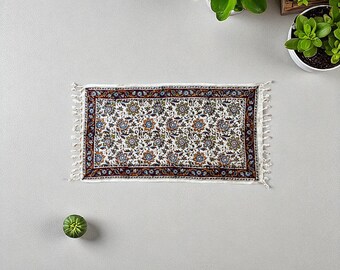 Hand-Printed Organic Cotton Table Runner– Delicate Floral Design with Maroon & Blue Border