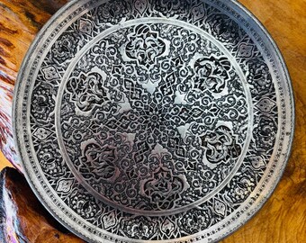 Handmade Persian Copper Tin Decorative Plate - 24cm Engraved Geometric Design