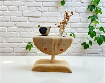 Handmade Natural Wooden Face Sculpture - With Mini Glass Propagation Jar - Birds & Dried Flowers