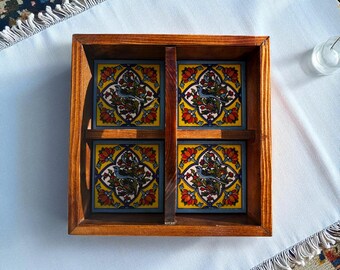 Handmade Wooden Decorative Tray - Colourful Ceramic Tiles - 4 Compartment Organiser - 20cm x 20cm