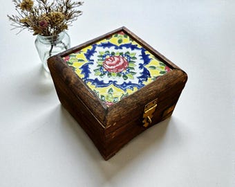Hand carved Natural Wooden Box with a Handmade Ceramic Tile Lid
