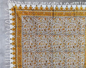 Hand-Printed Organic Cotton Table Cloth– Square Boho Table Cover with Paisley & Floral Pattern