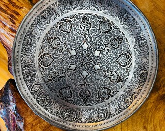 Handmade Persian Copper Tin Decorative Plate - 24cm Engraved Geometric Design