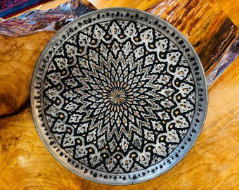 Handmade Persian Copper Tin Decorative Plate - 24cm Engraved Geometric Design