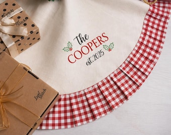 Personalized Embroidered Christmas Tree Skirt, Gingham Ruffle Family Xmas Decor