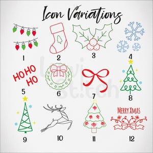May include: A collection of Christmas-themed icon variations in red, green, and blue. The icons include Christmas lights, a stocking, holly, snowflakes, the text "HOHO HO", a wreath, a bow, Christmas trees, a reindeer, and the text "MERRY XMAS".