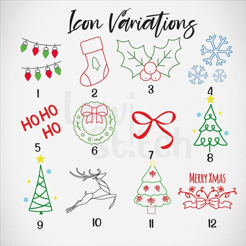 May include: A collection of Christmas-themed icon variations in red, green, and blue. The icons include Christmas lights, a stocking, holly, snowflakes, the text "HOHO HO", a wreath, a bow, Christmas trees, a reindeer, and the text "MERRY XMAS".