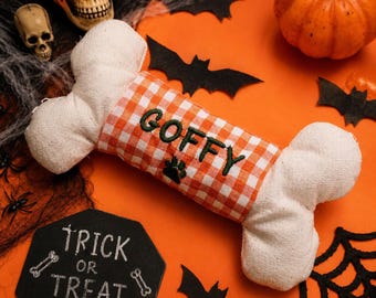 Juguete personalizado para perros con forma de hueso, regalo para cachorros, juguete personalizado bordado para perros, juguete personalizado de tela vichy para perros con forma de hueso, regalo personalizado para mascotas, regalo de Halloween para mascotas