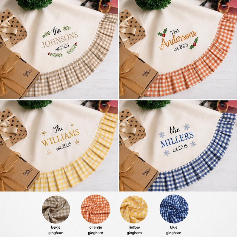 May include: A set of four personalized Christmas tree skirts. Each skirt features a different family name and the year 2025 embroidered on a cream-colored fabric. The skirts have a ruffled gingham border in beige, orange, yellow, and blue.