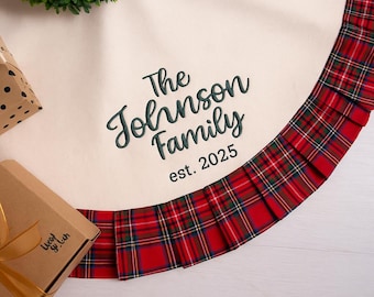 Personalised Embroidered Christmas Tree Skirt with Plaid Ruffles, Family Christmas Tree Skirt, Custom House Warming Gift, Xmas Home Decor