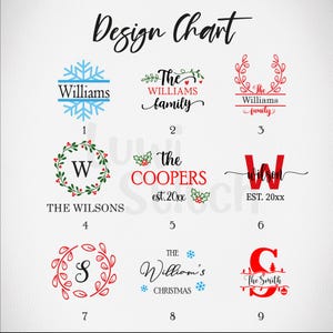 May include: A design chart featuring nine different family name and initial designs. The designs include snowflakes, wreaths, and stylized initials, with names like Williams, Coopers, and Smith. The text is in black and red.