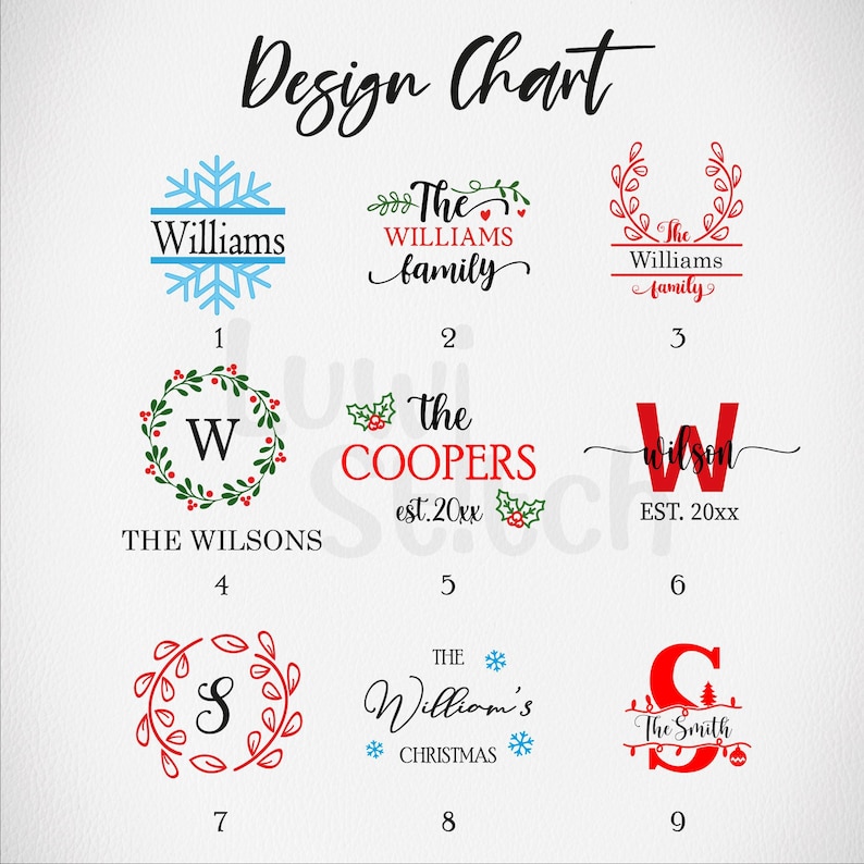 May include: A design chart featuring nine different family name and initial designs. The designs include snowflakes, wreaths, and stylized initials, with names like Williams, Coopers, and Smith. The text is in black and red.