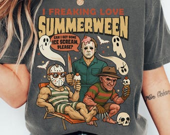 Camiseta Summerween de Comfort Colors® Me encanta el verano Camiseta Personajes de películas de terror Halloween en verano Camiseta de Halloween de verano Verano espeluznante