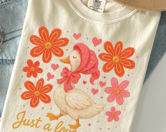 Comfort Colors® ラブグースシャツ、グースバレンタインTシャツ、シリーグースラブTシャツ、グースラバーズTシャツ、ロマンティックカップルトップ、バレンタインデーTシャツ
