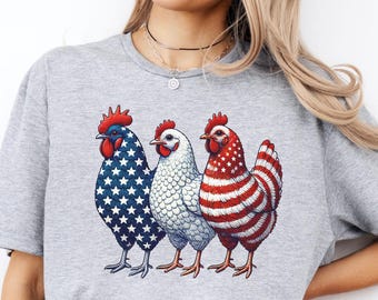 Camiseta patriótica de pollo, camiseta del 4 de julio, camiseta del Día de la Independencia, camiseta de la vida en la granja, camiseta para amantes de los pollos, camiseta de campo de EE. UU., camiseta roja, blanca y azul