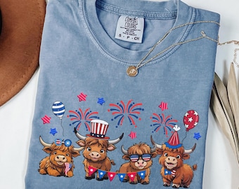 Camiseta Comfort Colors® del 4 de julio Camiseta de vaca de las Tierras Altas del 4 de julio Camiseta patriótica estadounidense Camiseta del Día de la Independencia Camiseta para amantes de las vacas del 4 de julio