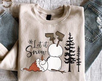 Sudadera con diseño de muñeco de nieve "Let It Snow", divertida camiseta de muñeco de nieve, suéter de invierno, cuello redondo navideño, divertida camiseta navideña, regalo de Navidad
