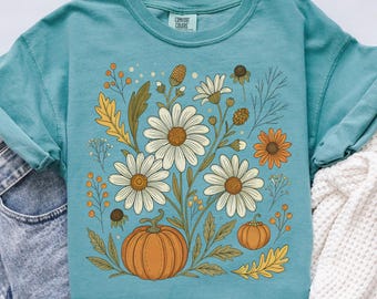 Comfort Colors® Boho höstblommig t-shirt Retro höstt-shirt Höstvibbar Pumpasäsong Grafisk t-shirt Vintage höstpumpa estetisk t-shirt