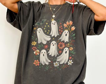 Comfort Colors® Floral Ghost Tee Fall Season Shirt Spooky Halloween Tee Fall Vibes T-Shirt Cute Ghost Halloween Tee Spooky Season Fall Shirt