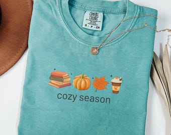 Comfort Colors® Cozy Season Shirt Books Lover Fall Gift Womens Pumpkin Season Shirt Cute Pumpkin Autumn Leaf Shirt Fall Coffee Latte Shirt