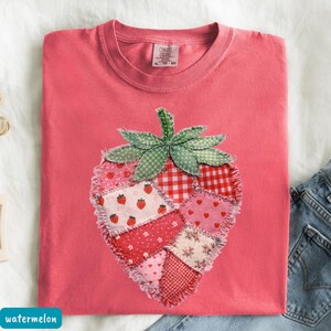 Comfort Colors® Strawberry Shirt Faux Patchwork Quilted Farmhouse Berry Tee Rustic Gingham Floral Cottagecore Aesthetic Vintage Print Shirt