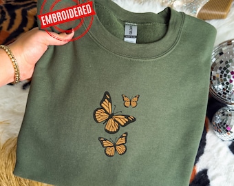 Besticktes Schmetterling Sweatshirt Minimalistisches Shirt Besticktes Natur Shirt Besticktes Retro Shirt