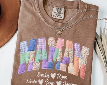 Comfort Colors® Personalized Patchwork Style Floral Mamaw T-shirt Grandma Core Shirt Faux Embroidered Gigi Shirt Mom Tee Quilt Patchwork