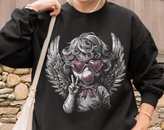 Vintage zwart-wit cupido-valentijnsdagsweater engel shirt cherubijn grafische trui Valentijnsdag shirt bootleg valentijn retro hoodie