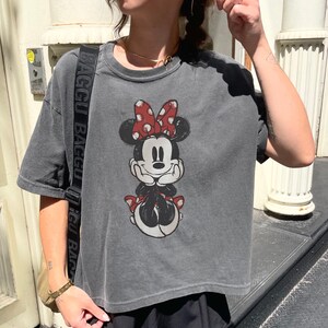 Pode incluir: Uma camiseta cinza de manga curta com um gr&aacute;fico da Minnie Mouse. Minnie &eacute; retratada com um la&ccedil;o vermelho de bolinhas e em uma pose sentada. A camiseta tem uma apar&ecirc;ncia ligeiramente desbotada.