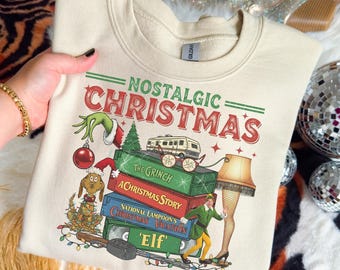 Nostalgiczna świąteczna bluza z kapturem w stylu retro, świąteczny sweter w stylu vintage, okrągły dekolt z motywem filmowym z lat 90., przytulny zimowy prezent dla niej