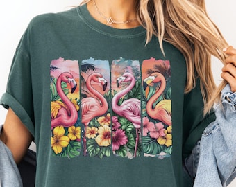 Komfort Colors® Flamingo Shirt Süßes Flamingo Shirt Trendiges Frauen T-Shirt Sommer Strand Grafik T-Shirt Cooles Urlaubs Shirt Tropisches Tier T-Shirt