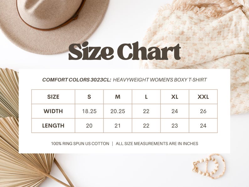 Op de afbeelding: Maattabel voor een Comfort Colors 3023CL heavyweight boxy t-shirt. De tabel toont maten S tot XXL, met breedtematen van 46,35 tot 66,04 cm en lengtes van 50,8 tot 60,96 cm. Het shirt is gemaakt van 100% ringgesponnen US-katoen.
