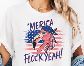 Comfort Colors® America Flock Yeah Shirt Funny Cute Flamingo Shirt Summer Beach Graphic Tee Funny Vacation Shirt Funny Animal T-Shirt
